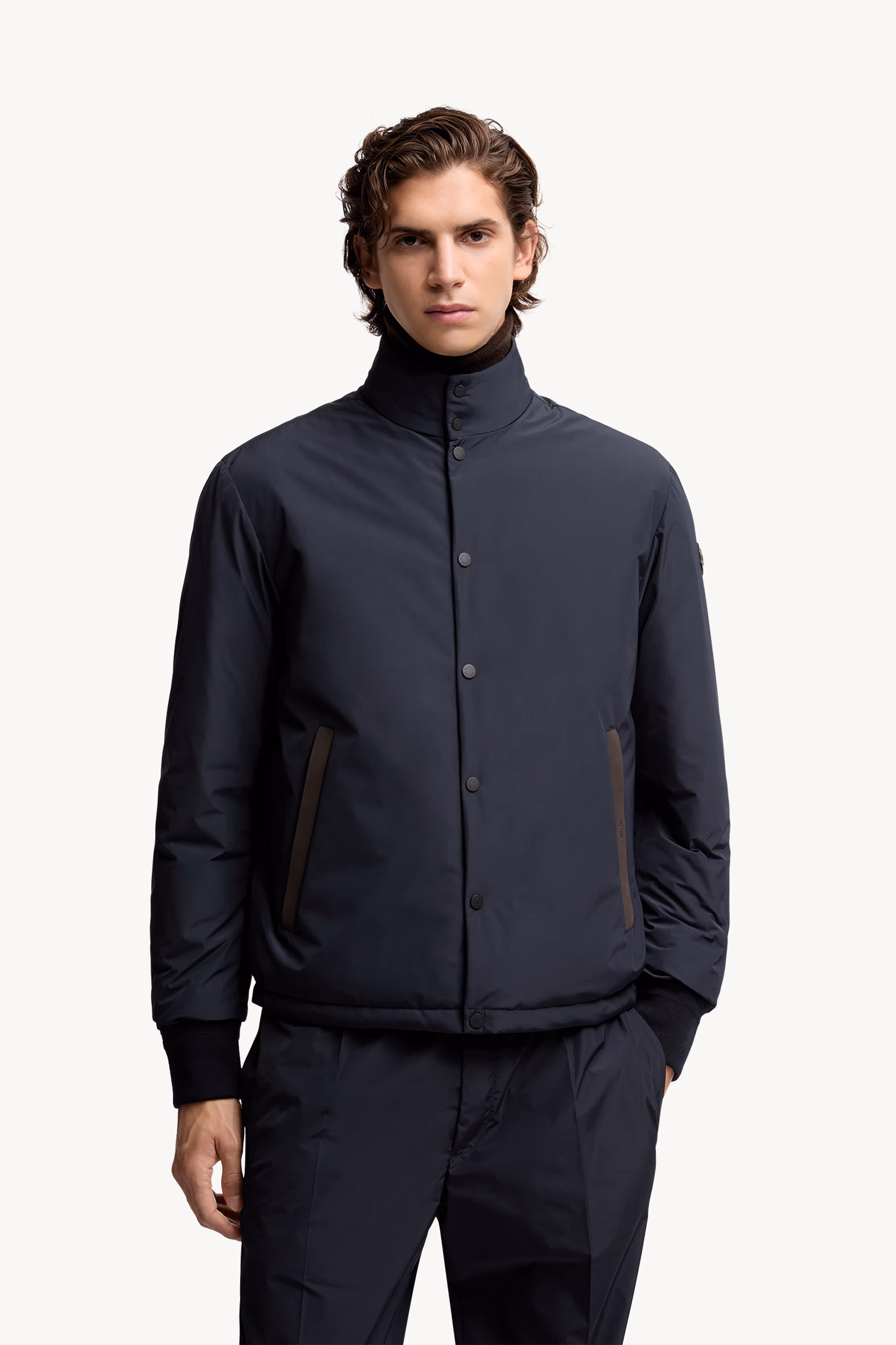 Lanques Leather-Trimmed Short Down Jacket Men Navy Blue Moncler 3
